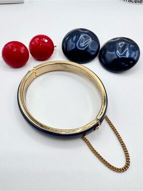 Vintage Red Blue Jewelry Lot Clip Earrings Hinge Bangle Bracelet Safety Chain
